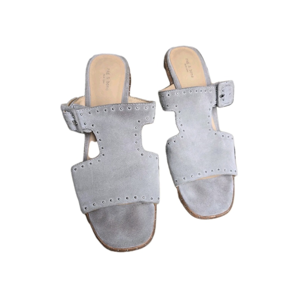 Rag & Bone Gray Suede Studded Open Toe Slip On Block Heels Sandals 37 Minimalist